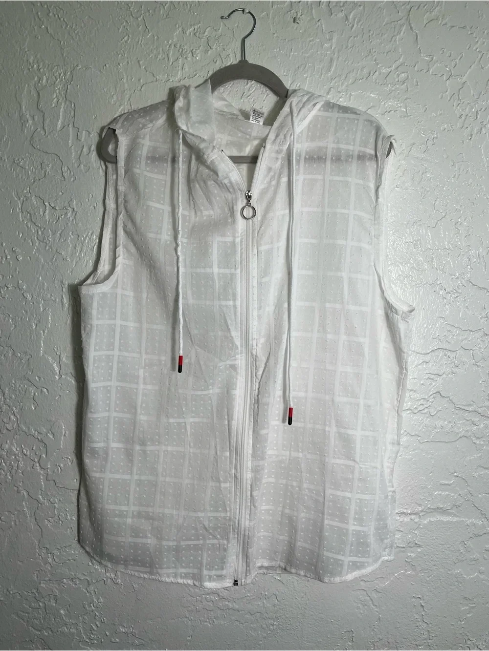 Women’s White Sleeveless Hooded Zip Up‎ Top XXL Cotton Swiss Dot Casual
